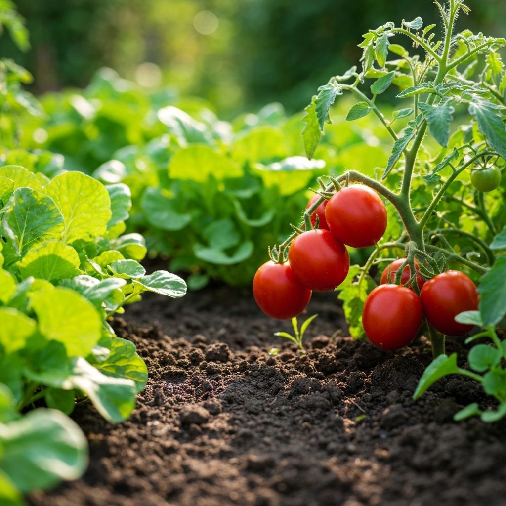 Bujny ogród warzywny z pomidorami rosnącymi w kompostowej glebie