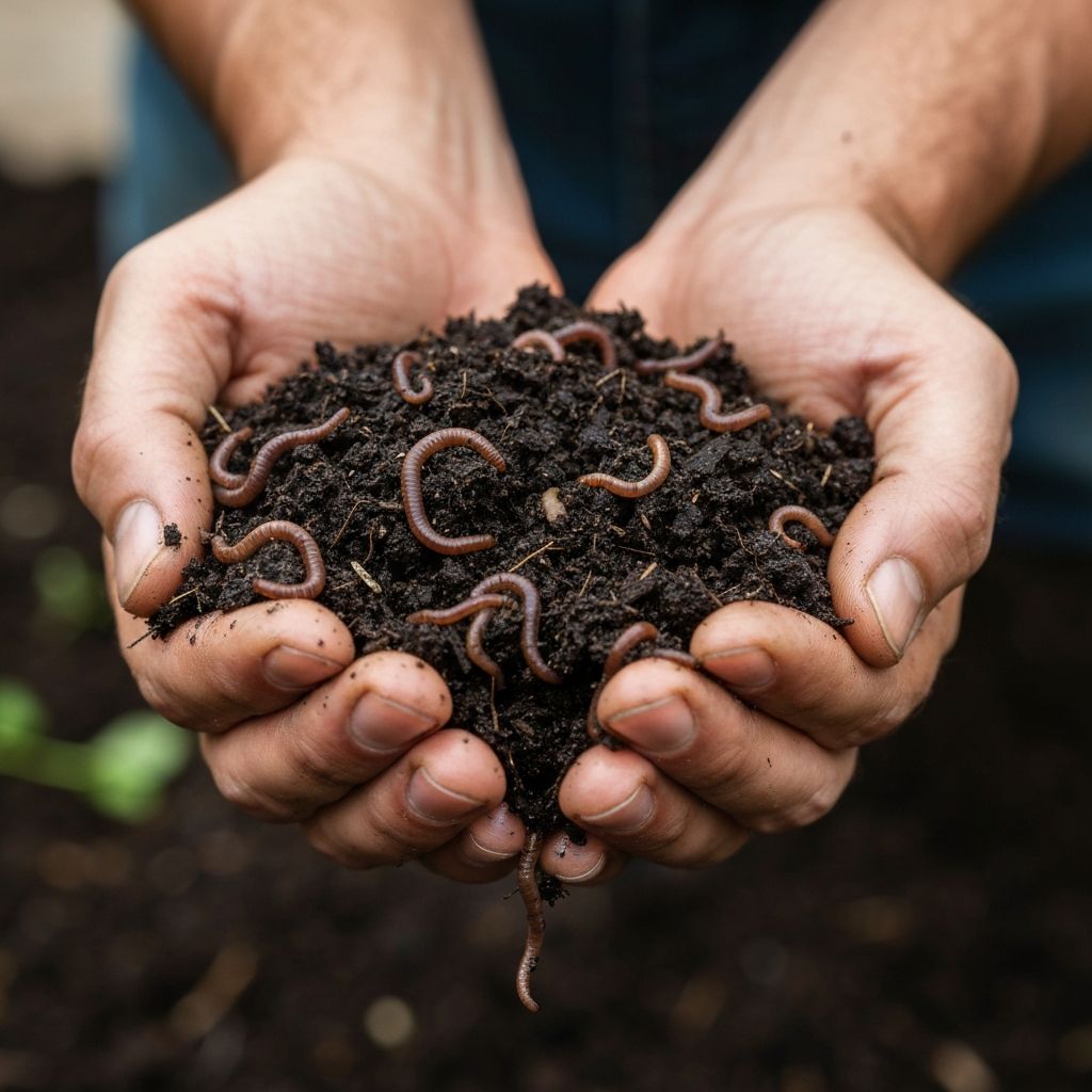 Ręce trzymające bogaty kompost z dżdżownicami